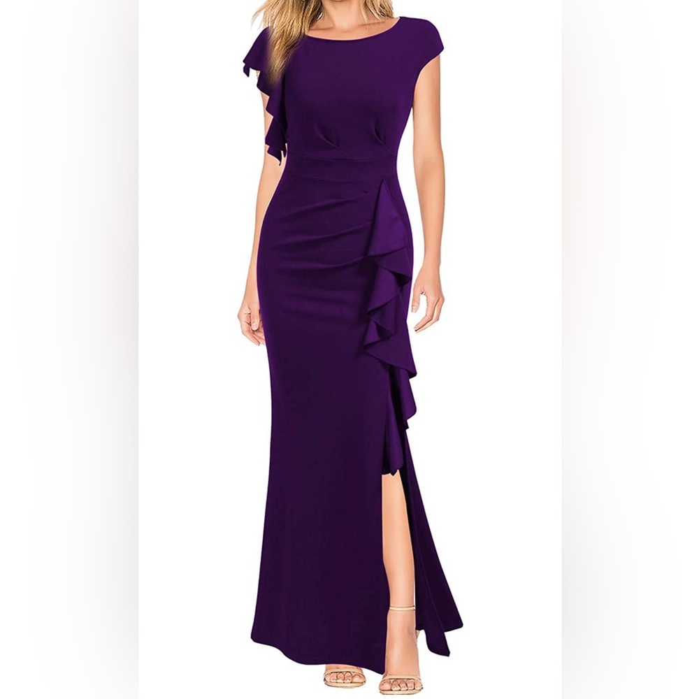 [M]Bust: 35.1;Waist: 28;Hip: 36.2;Length: 57.4.Polyester/Spandex Split Merm. Hem